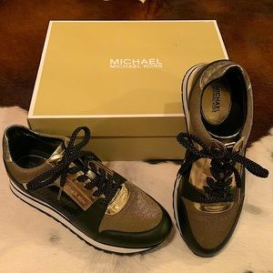 Women’s Michael Kors Sneakers, size 8.5, gold, black, and white
